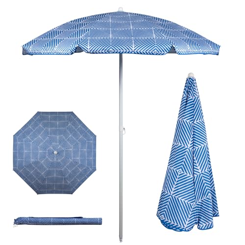 PICNIC TIME 5.5 Ft Portable Beach Umbrella, Lightweight UV Protection Sunshade with Tilt Pole & Carry Bag, Outdoor Canopy Umbrella for Beach, Sand, Pool, Patio, Camping, Travel, or Backyard Shade, (Blue Athens Pattern)