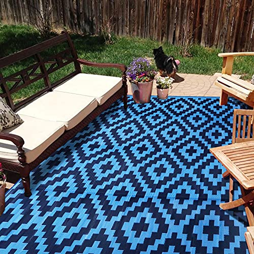 SAND MINE Reversible Mats, Plastic Straw Rug, Modern Area Rug, Large Floor Mat and Rug for Outdoors, RV, Patio, Backyard, Deck, Picnic, Beach, Trailer, Camping, Blue, 9' x 12'
