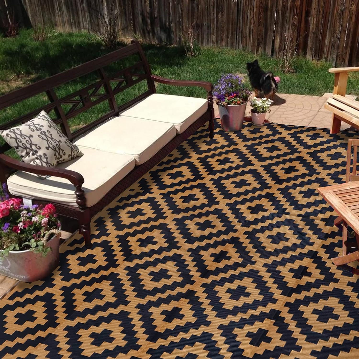 SAND MINE Reversible Mats, Plastic Straw Rug, Modern Area Rug, Large Floor Mat and Rug for Outdoors, RV, Patio, Backyard, Deck, Picnic, Beach, Trailer, Camping, Black & Brown, 9' x 18'