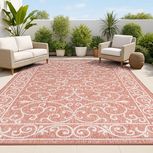 JONATHAN Y Vintage Filigree Indoor Outdoor Area Rug 9X12 Red/Beige, Charleston Textured Weave for Backyard, Patio, Porch, Easy-Cleaning, High Traffic, Pet-Friendly, Non-Shedding (SMB106B-9)