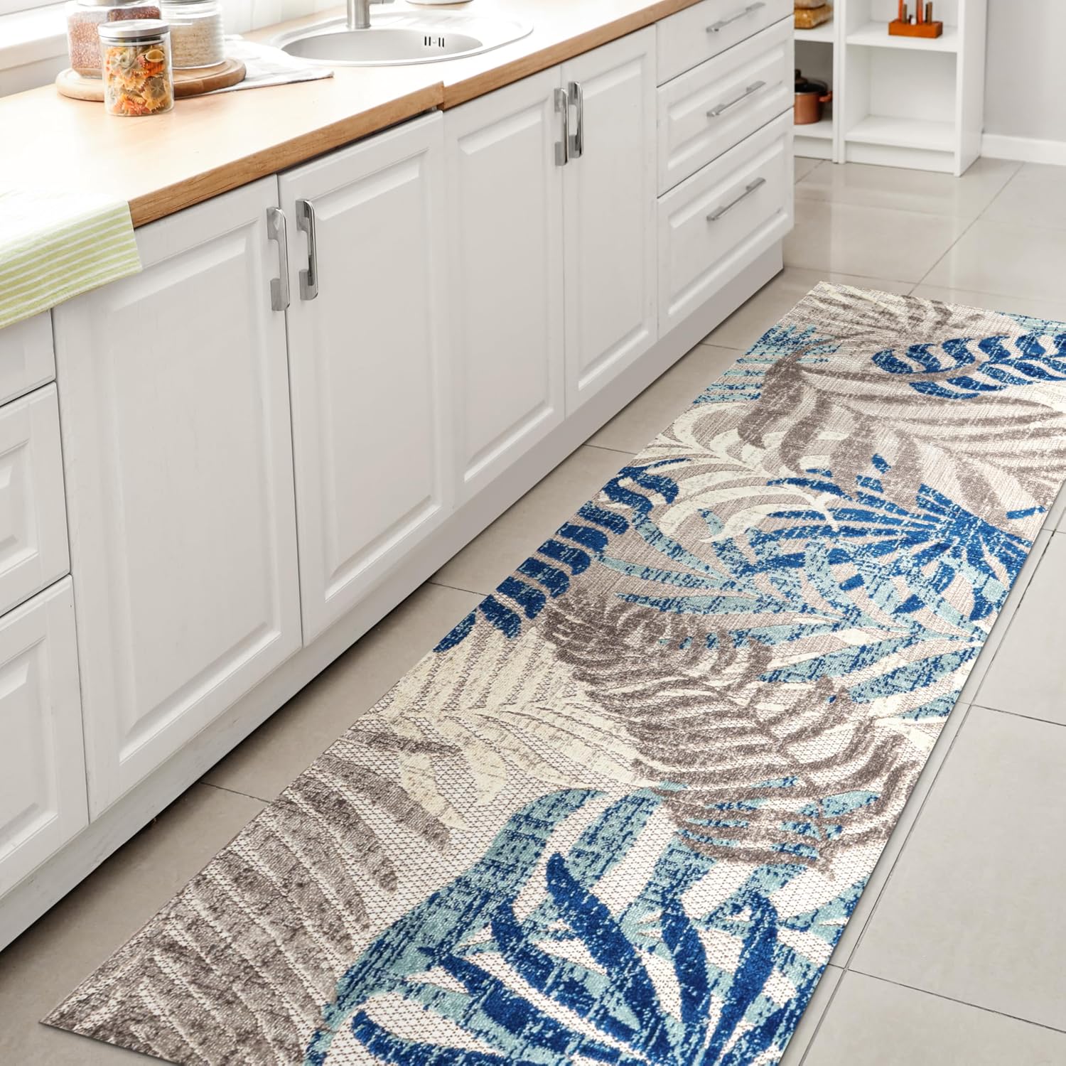 JONATHAN Y Tropics Palm Leaves Indoor Outdoor Runner Rug 2X10 Gray/Blue, Boho for Backyard, Patio, Porch, Easy-Cleaning, High Traffic, Pet-Friendly, Non-Shedding (AMC100A-210)