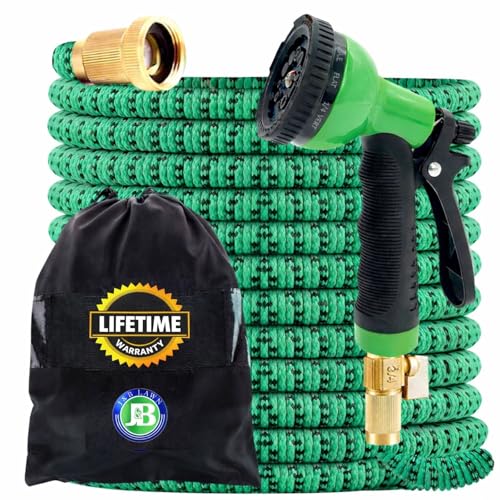 J&B XpandaHose 50ft Expandable Garden Hose with Holder - Heavy Duty Superior Strength 3750D - 4 -Layer Latex Core - Extra Strong Brass Connectors and 10 Spray Nozzle w/Storage Bag (Green 50)