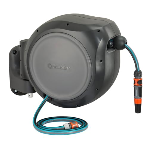 GARDENA 20505, 100' Retractable Garden Hose Reel with US Hose Threads - 100' x 1/2" hose, Automatic Retraction & Length Lock for Easy Watering. Heavy Duty Swivel Bracket 180, Includes Nozzle.