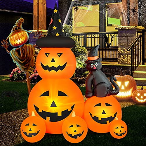 6 FT Halloween Inflatable Decorations Spooky Ghost Pumpkin Lighted and Witch's Cat, Halloween Decorations Outdoor Inflatables Pumpkin Combo with Build-in LED Blow Up Inflatables for Yard Garden