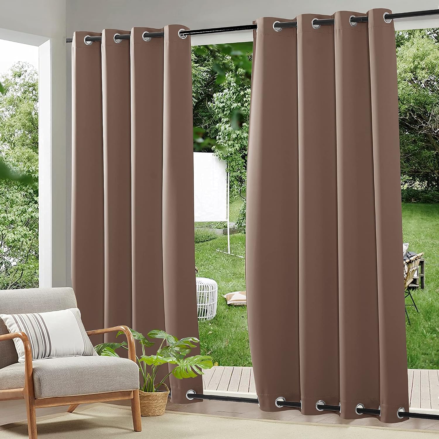 RYB HOME 2 Panels Outdoor Weighted Curtains Windproof, Heavy Duty Waterproof Blackout Thermal Insulating Drapes for Patio Furniture Outdoor Shower Sun Room Corridor, Mocha, W 52 x L 108