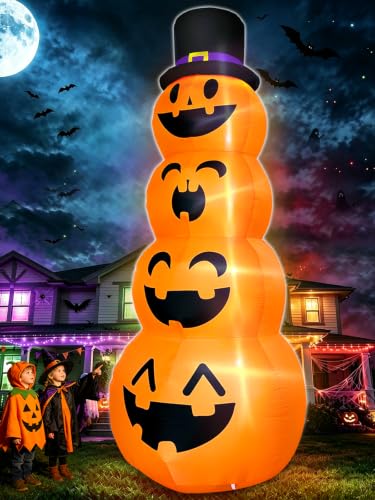 TURNMEON 12 FT Giant Halloween Inflatables Stacked Pumpkins with Witch Hat LED Lights 7 Stakes 4 Tethers 2 Weight Bags Blow Up Halloween Decorations Outdoor Yard Garden Lawn Home