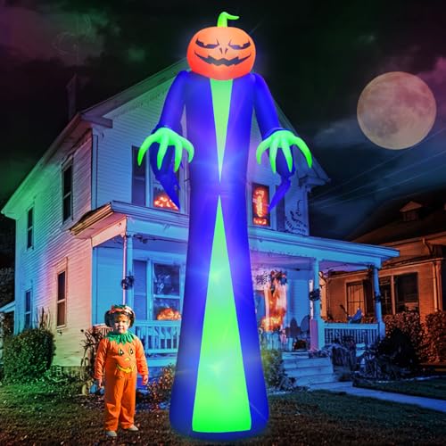 12Ft Giant Halloween Inflatables Pumpkin Blow Up Yard Decoration Built in LED Lights Halloween Decorations Outdoor Pumpkin Head Inflatable Decor for Lawn Garden Party Sandbags Stakes