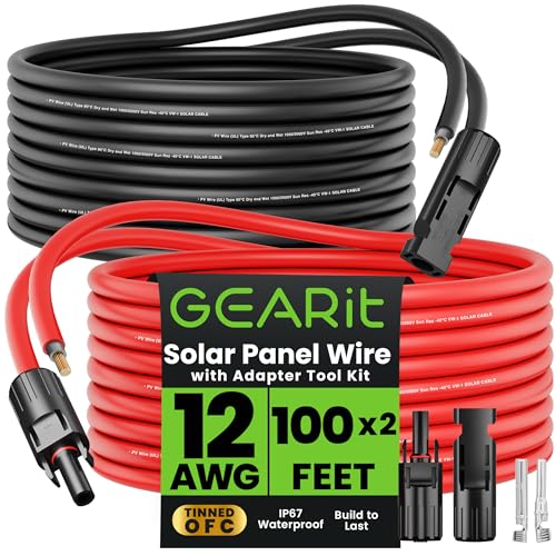 GEARit 12AWG Solar Extension Cable (100FT Black - 100Ft Red) Male to Female Solar Connectors with Adapter Tool Kit, Solar Panel Renewable Energy, 12 Gauge Pure Copper Extension Cord, 100 Feet