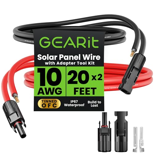 GearIT 10AWG Solar Extension Cable (20FT Black - 20Ft Red) Male to Female Solar Connectors with Adapter Tool Kit, Solar Panel Renewable Energy, 10 Gauge Pure Copper Extension Cord, 20 Feet