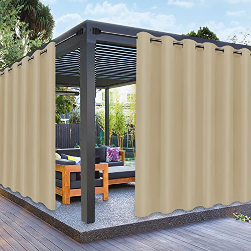 PureFit Outdoor Curtains for Patio Waterproof Weatherproof, UV and Fade Resistant Outside Curtains for Gazebo, Front Porch, Pergola, Sun Blocking Privacy Curtain, 100W x 108L inch, 1 Panel, Beige