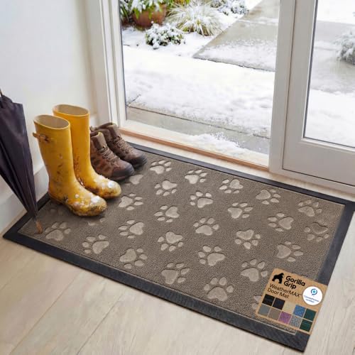 GORILLA GRIP 100% Waterproof All-Season WeatherMax Doormat, 47x35, US Designed Natural Rubber, Stain and Fade Resistant, Low Profile Indoor Outdoor Door Mats, Easy Clean Patio Mat, Tan Pawprints