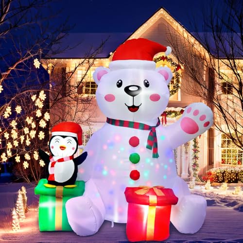 6 Ft Christmas Inflatables Outdoor Decorations, LED Light Up Polar Bear and Penguin Inflatable Christmas Blow Up Yard Decorations for Garden Lawn Indoor Xmas Holiday Party Decor