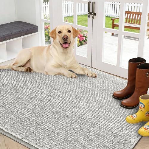 REFETONE Indoor Doormat, Front Door Mat 32"x40" Absorbent Rubber Backing Non Slip Back Door Mats, Washable Low-Profile Inside Floor Mat Door Rugs for Entryway, Resist Dirt Mud Mat for Dogs, Grey