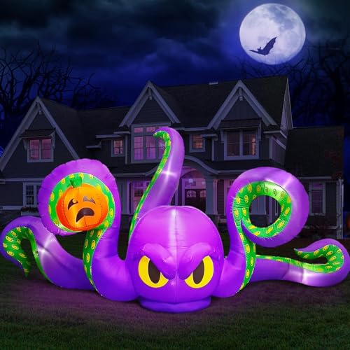 12Ft Halloween Inflatables Giant Octopus Purple Sticky Pumpkin LED Light Blow up Halloween Decor for Carnival Party Store Outdoor Yard Lawn Decorations