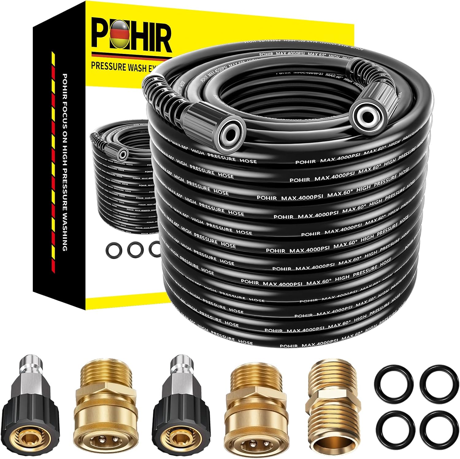 POHIR 100ft Pressue Washer Hose 4000 PSI, High Power Washing Hose, Replacement Hose with M22 Extension Adapter and 4pcs M22 14mm to 3/8 Quick Connect