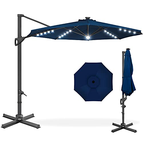 Best Choice Products 10ft Solar LED Cantilever Patio Umbrella, 360-Degree Rotation Hanging Offset Market Outdoor Sun Shade for Backyard, Deck, Poolside w/Lights, Easy Tilt, Cross Base