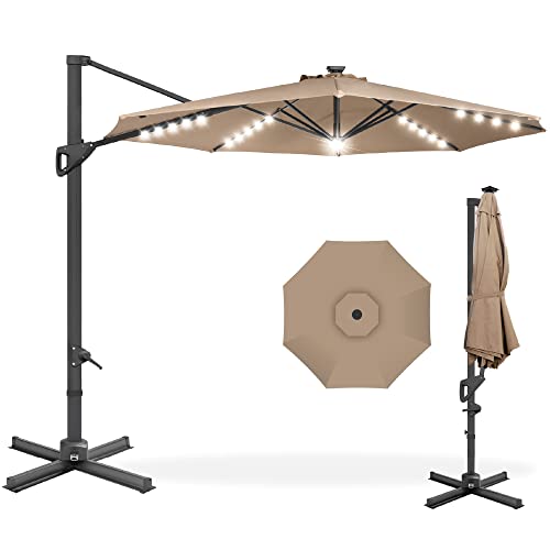 Best Choice Products 10ft Solar LED Cantilever Patio Umbrella, 360-Degree Rotation Hanging Offset Market Outdoor Sun Shade for Backyard, Deck, Poolside w/Lights, Easy Tilt, Cross Base