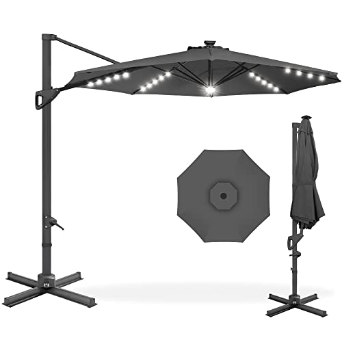 Best Choice Products 10ft Solar LED Cantilever Patio Umbrella, 360-Degree Rotation Hanging Offset Market Outdoor Sun Shade for Backyard, Deck, Poolside w/Lights, Easy Tilt, Cross Base