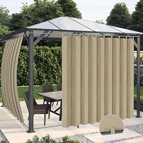 OutdoorLines Waterproof Outdoor Curtains for Patio - Windproof Tab Top Gazebo Curtain Panels - Privacy Sun Blocking Outside Curtain Set for Porch, Pergola and Cabana 110 x 96 inch, Khaki, 2 Panels