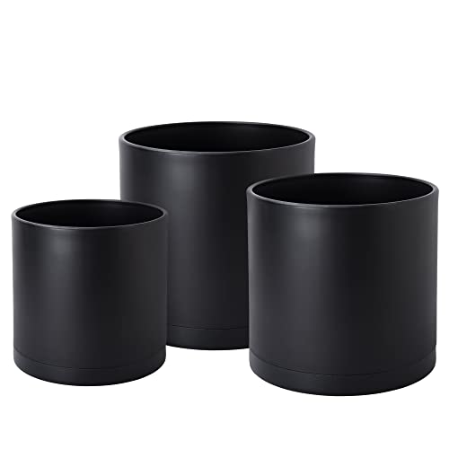 D'vine Dev 10 Inch 12 Inch 14 Inch, Set of 3 Plastic Planter Pots for Plants with Drainage Hole and Seamless Saucers, Black Color, XX-Large, 74-V-B-6