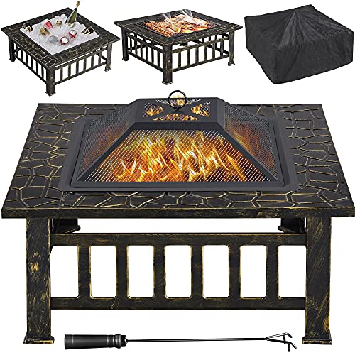 Yaheetech Fire Pit 32in Fire Pits for Outside Outdoor Fire Pits for Bonfire Patio BBQ Camping Bronze Fireplace with Spark Screen, Mesh Cover Poker