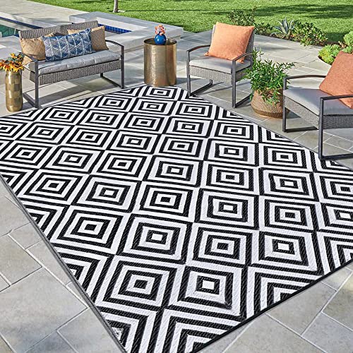 Reversible Mats, Outdoor Patio Rugs, Plastic Straw Rug, Modern Area Rug, Floor Mat for Outdoors, RV, Patio, Backyard, Deck, Picnic, Beach, Trailer, Camping (Diamond Black & White, 9' x 12')