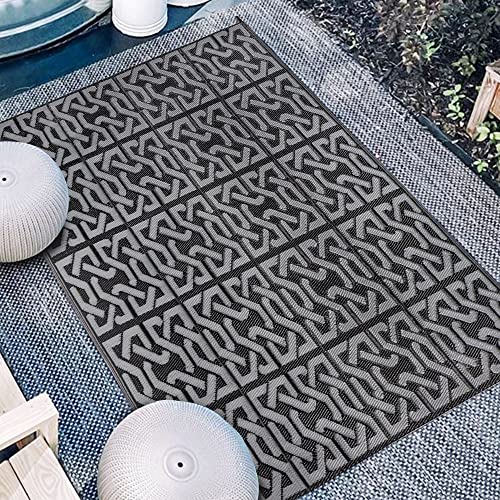 Reversible Mats, Outdoor Patio Rugs, Plastic Straw Rug, Modern Area Rug, Floor Mat for Outdoors, RV, Patio, Backyard, Deck, Trailer, Camping (9' x 12', Chain Black & Grey)