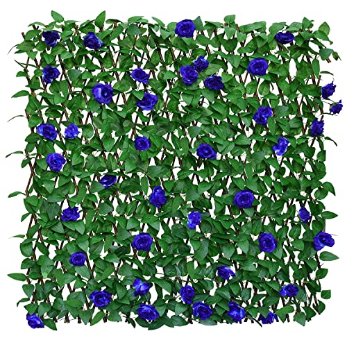 Expandable Fence Privacy Screen for Balcony Patio Outdoor,Decorative Faux Ivy Fencing Panel,Artificial Hedges (Single Sided Leaves) (1, Blue Flowers)