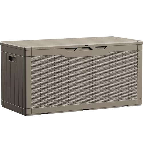 Devoko 100 Gallon Waterproof Large Resin Deck Box Indoor Outdoor Lockable Storage Container for Patio Furniture Cushions Garden Tools (100 Gallon, Light Brown)