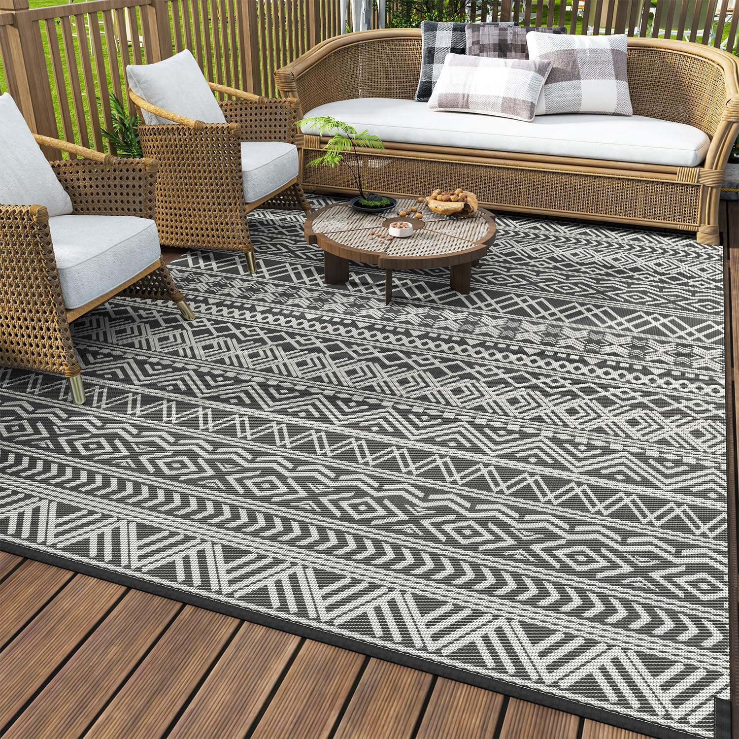 MontVoo Outdoor Rug Carpet Waterproof 9x12 Outdoor Patio Rug Mat Reverisble Plastic Straw Outdoor Rug for RV Camping Picnic Beach Balcony Boho Grey Large