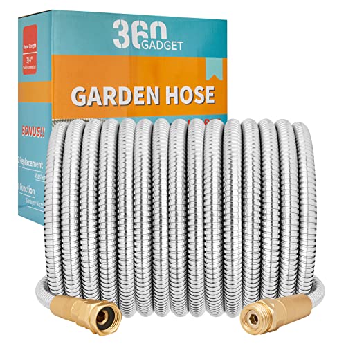 Garden Hose Metal - 50ft Heavy Duty Stainless Steel Water Hose with 8 Function Sprayer & Metal Fittings, Flexible, Lightweight, No Kink, Puncture Proof Hose for Yard, Outdoors, Rv