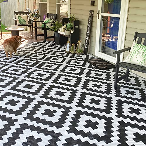 NFECO Reversible Rugs Plastic Rug Outdoor Rug Lightweight Outside Mats Modern Outdoor Rug for Patio Portable Mats for RV Backyard Deck Picnic Beach (6x9, Black&White)