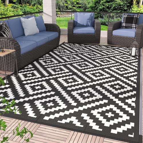 GENIMO Outdoor Rug for Patio Clearance,9'x12' Waterproof Large Mat,Reversible Plastic Camping Rugs,Rv,Porch,Deck,Camper,Balcony,Backyard,Black & White