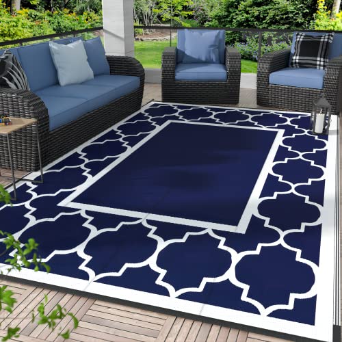 GENIMO 9' x 12' Outdoor Rug Waterproof for Patio Decor, Foldable Reversible Plastic Straw Area Rugs Mat for Camper, Outside Carpet for Rv, Deck, Porch, Picnic, Beach, Balcony, Blue & White