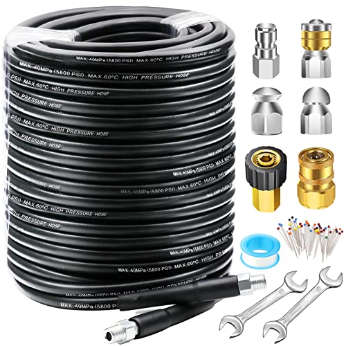 150FT Sewer Jetter Kit for Pressure Washer, 5800PSI Drain Cleaner Hose 1/4 Inch NPT, Corner, Rotating and Button Nose Sewer Jetting Nozzle Waterproof Tape Pearl Corsage Pin with 2Pcs Spanner