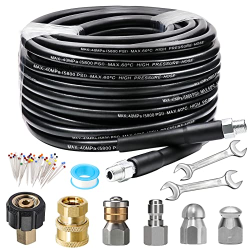 70FT Sewer Jetter Kit for Pressure Washer, 5800PSI Drain Cleaner Hose 1/4 Inch NPT, Corner, Rotating and Button Nose Sewer Jetting Nozzle Waterproof Tape Pearl Corsage Pin with 2Pcs Spanner