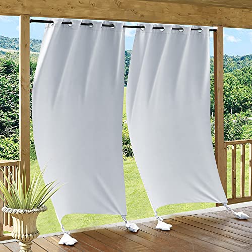RYB HOME White Curtains Outdoor Windproof - Weights Bags Attached Indoor Outdoor Curtains for Patio, Waterproof Sun Blocking for Sunroom, Laundry, 52" Wide x 96" Long 2 Panels, Grayish White