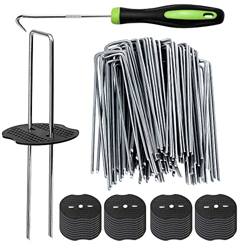 Bakulyor 200Pcs Landscape Staples + 200Pcs Gasket, 6 Inch Garden Stakes Staples 11 Gauge U Shaped Galvanized Lawn Landscape Pins, Heavy Duty Yard Ground Pin for Weed Barrier Sod Fabric Decorations