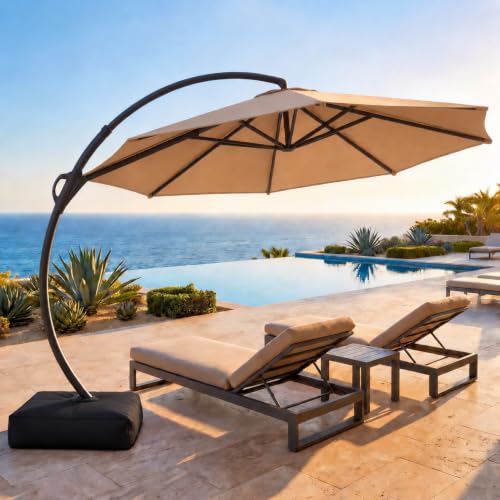 LAUSAINT HOME Outdoor Patio Umbrella with Base included, 12 FT Deluxe Curvy Cantilever Umbrella Heavy Duty Offset Hanging Umbrella with 360 Rotation for Market, Pool, Garden, Backyard, Deck (Beige)