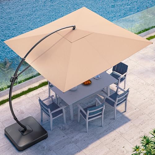 LAUSAINT HOME Outdoor Patio Umbrella with Base included, 11 FT Deluxe Curvy Cantilever Umbrella Heavy Duty Offset Hanging Umbrella with 360 Rotation for Market, Pool, Garden, Backyard, Deck (Beige)