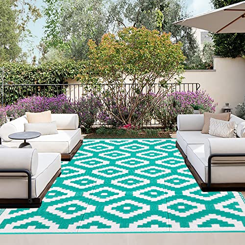 OutdoorLines Outdoor Reversible Rugs for Patio 9x12 ft - Plastic Area Rug, Stain & UV Resistant Portable RV Carpet, Plastic Straw Mats for Porch, Pool Deck and Camping Diamond/Cyan & White