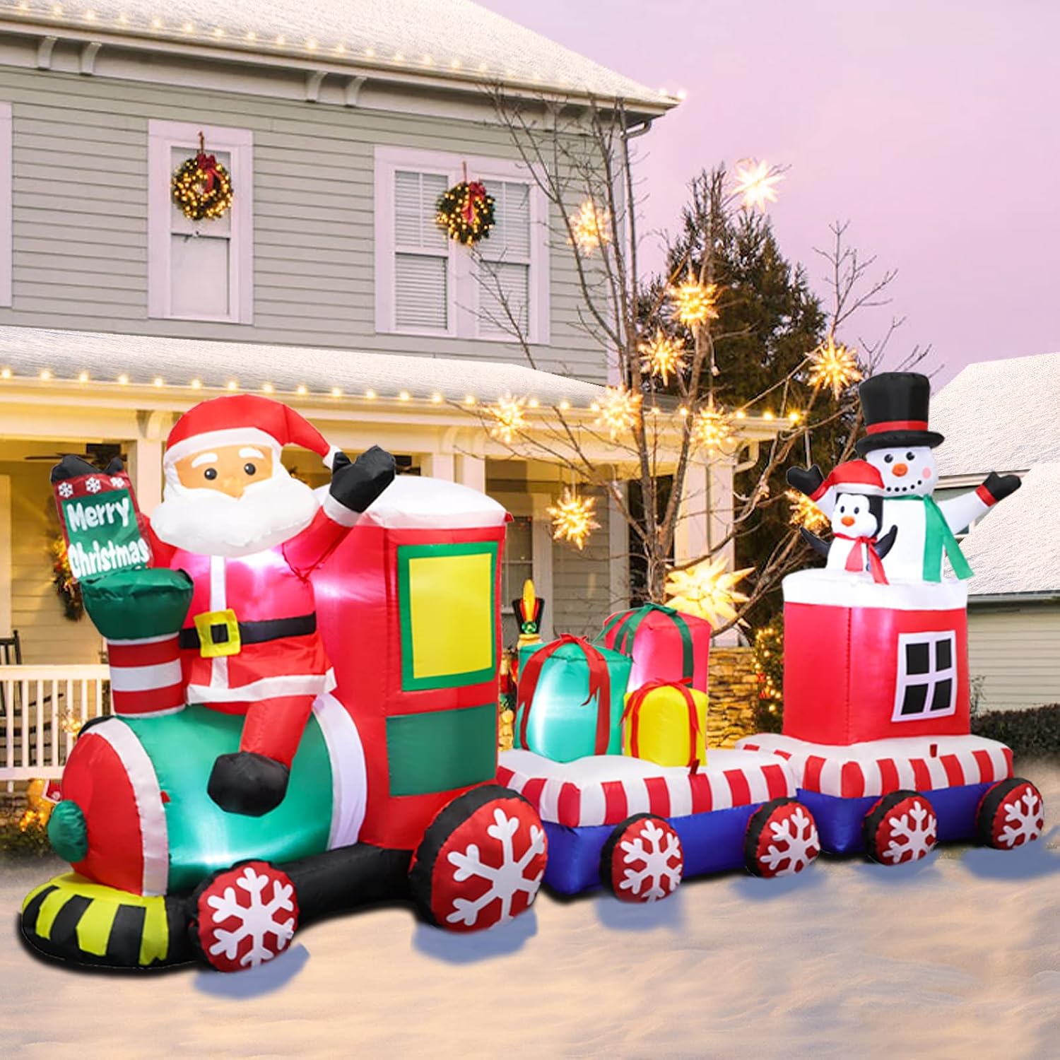 8 FT Christmas Inflatable Train with Santa Claus, Snowman, Penguin, Gift Boxes, Blow Up Yard Decorations with Built-in Lights, Lovely Xmas Train Carriage for Holiday Display Lawn Garden Party Decor