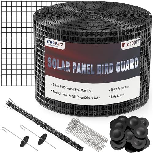 8inch x 100ft Solar Panel Bird Guard, Critter Guard for Solar Panels with 100 Pcs Stainless Steel Fasteners, Removable PVC Coated Pigeon Netting Wire for Squirrel, Bird, Critters Proofing