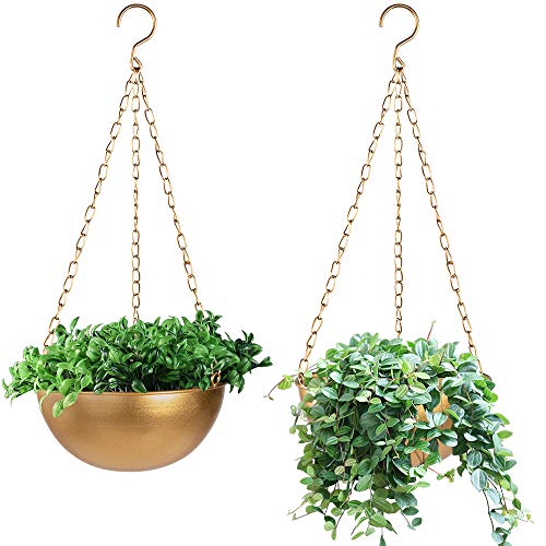 Sinolodo Large 10 inch Hanging Planter with Drainage, Semi-Circle Hanging Plant Holder for Indoor Plants, Lightweight Double Ceiling Hanign Basin for Bedroom, Balcony, Windows (Gold, 10'' Diameter)