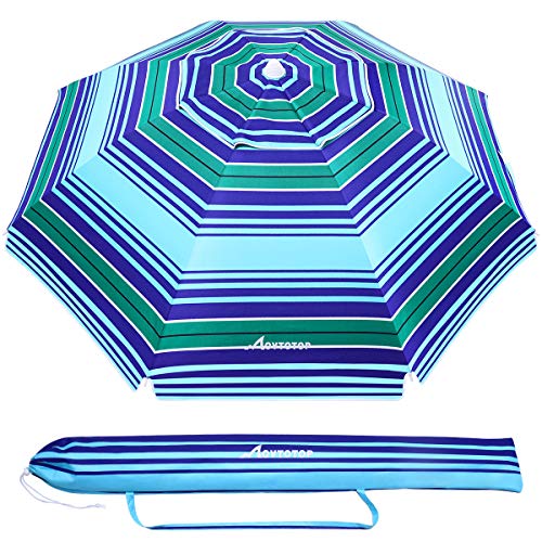 Beach Umbrella for Sand Wind Portable: 7FT Arc Length 6.5FT Diameter Heavy Duty Wind Resistant Striped Large Umbrellas UV 50+ Parasol with Anchor Screw Adjustable Height Tilting Pole 8 Ribs Carry Bag Lightweight