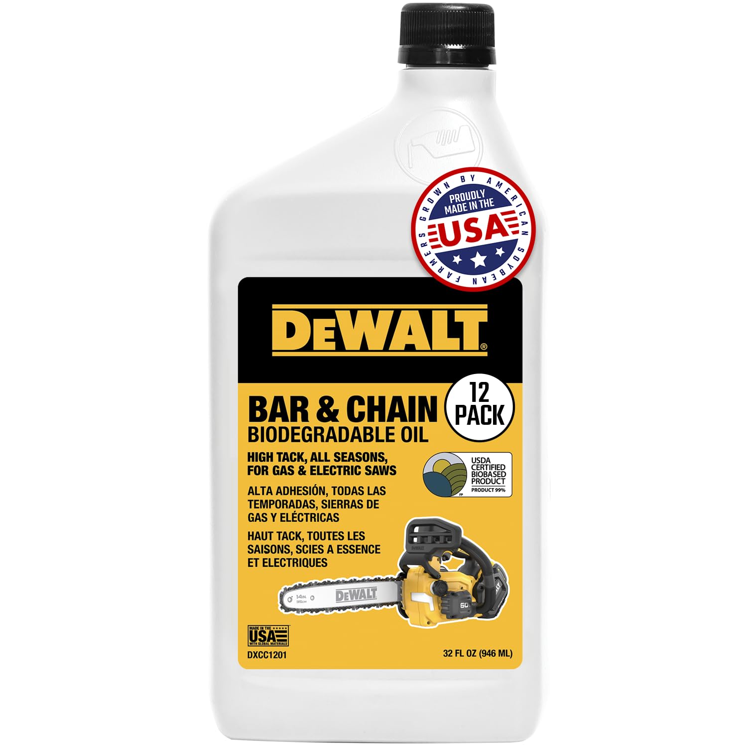 DEWALT  Biodegradable Bar & Chain Oil  Green, Eco-Friendly, Non-Toxic Professional Bar & Chainsaw Lubricant  Ultraclean All-Season Oil for Gas, Electric Saw, and Pole Saw, 32 oz (Case of 12)