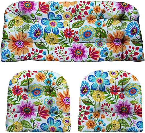 RSH DECOR: 3-Piece Wicker Tufted Cushion Set | 41 x 19" & 19" x 19" | All-Weather Spun Fabric | Water Resistant | Outdoor Loveseat & U-Shape Cushions for Patio Furniture | Gregoire Fresco