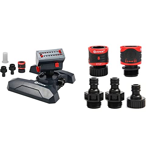 Eden 95124 Adjustable 4-Way Mini Turbo Oscillating Sprinkler W/Quick Connect Starter Set, Covers up to 4,069 sq. ft. Heavy Weight Base & 95210 Premium Garden Hose Fitting Quick Connect, 5 pc Set