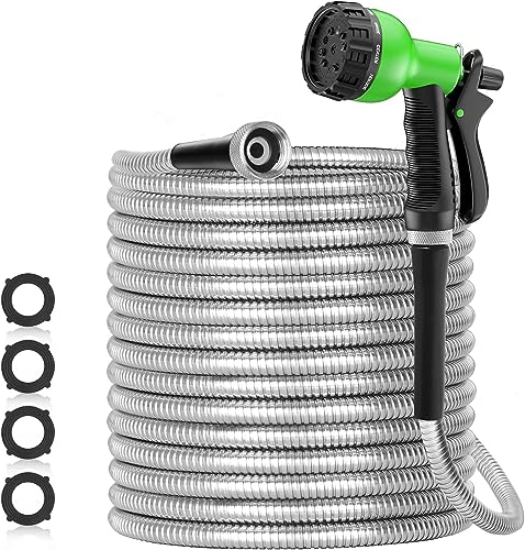 150ft 304 Stainless Steel Garden Hose Metal, Heavy Duty Water Pipe with Nozzles for Yard, Outdoor - Flexible, Never Kink & Tangle, Puncture Resistant (Sliver)