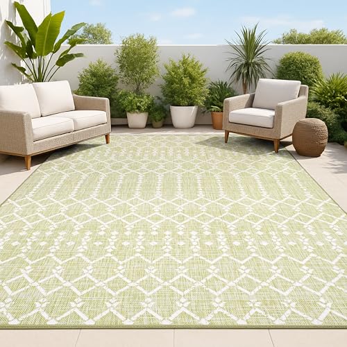JONATHAN Y Moroccan Geometric Indoor Outdoor Area Rug 9X12 Light Green/Cream, Ourika Textured Weave for Backyard, Patio, Porch, Easy-Cleaning, High Traffic, Pet-Friendly, Non-Shedding (SMB108N-9)